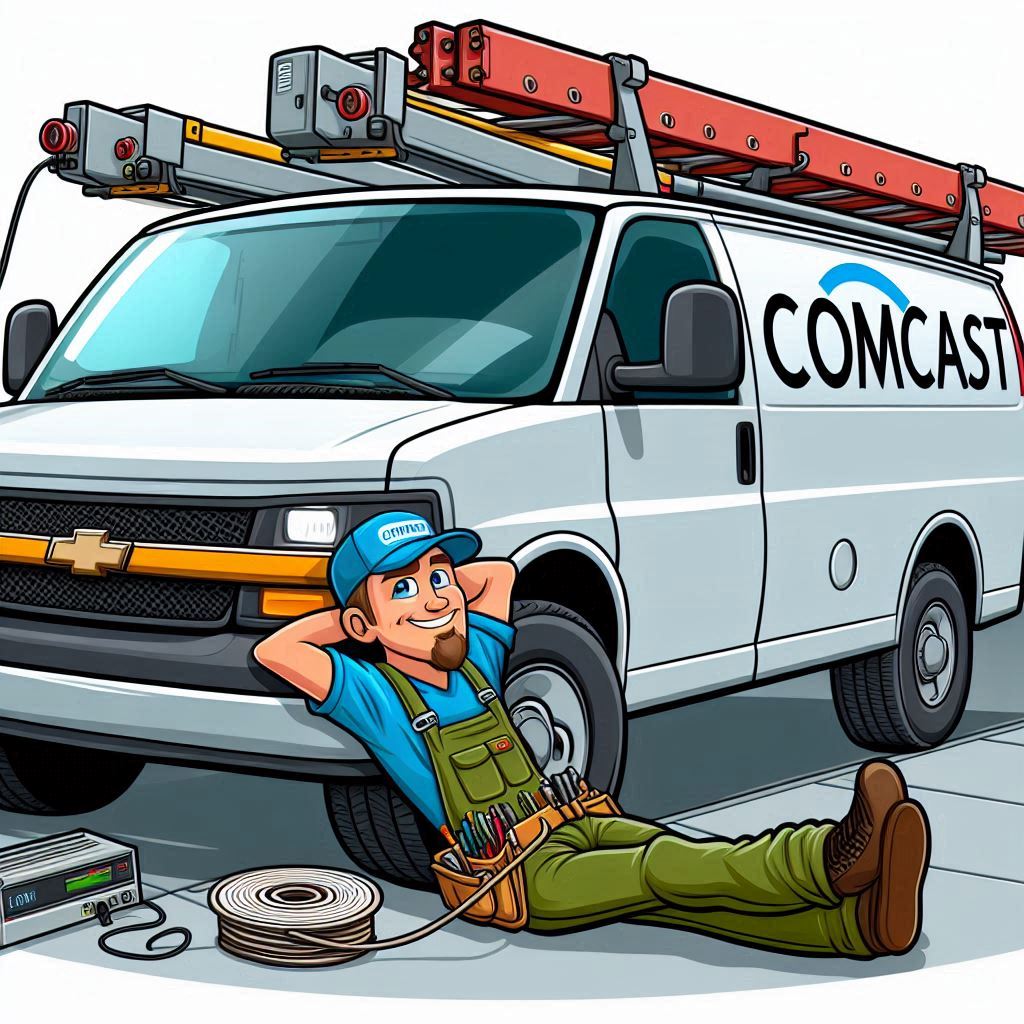 Cartoon of lazy cable TV technician