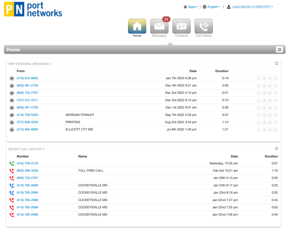 Screen shot of voicemail management page